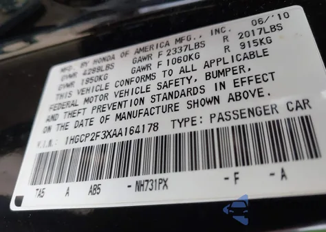 2010 Honda Accord 2.4 Lx z USA, uszkodzony, nr VIN 1HGCP2F3XAA164178